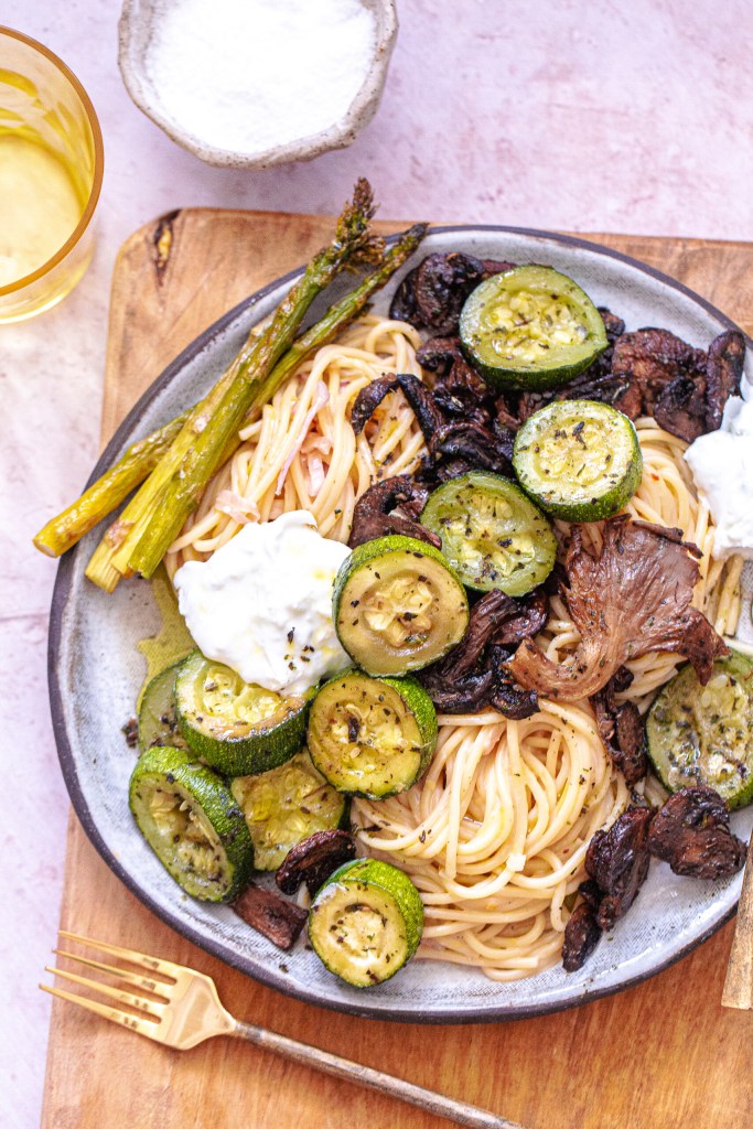 Lemon Cream Spaghetti with Hard Roasted Veggies