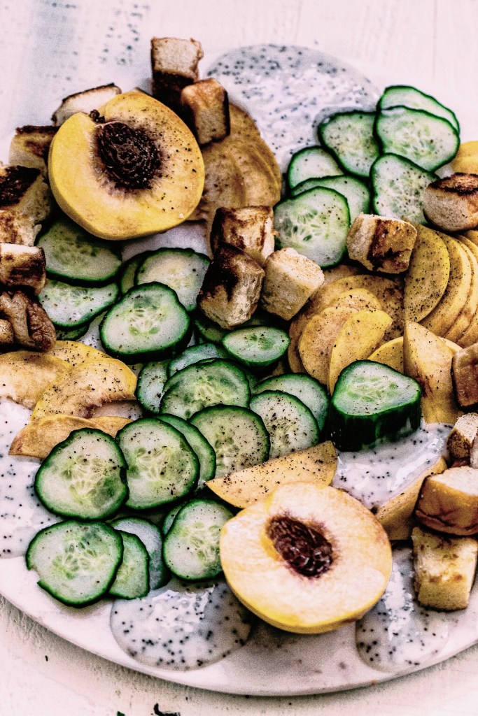 Sweet Poppyseed Peach & Cucumber Salad with Fried Bread