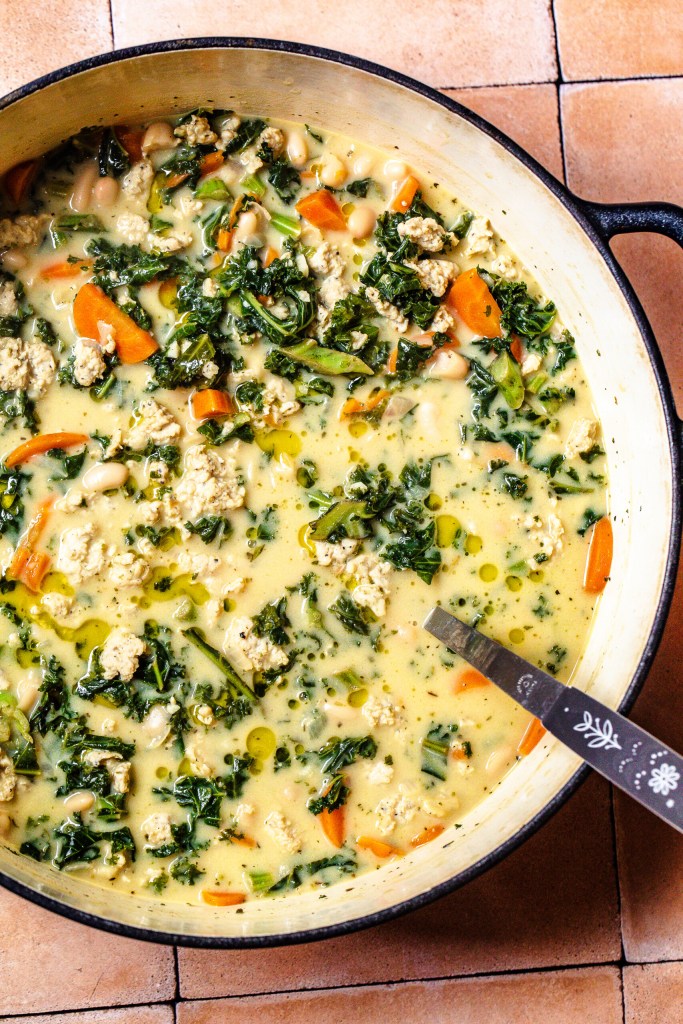 New! Tuscan Sausage Soup with White Beans and Kale
